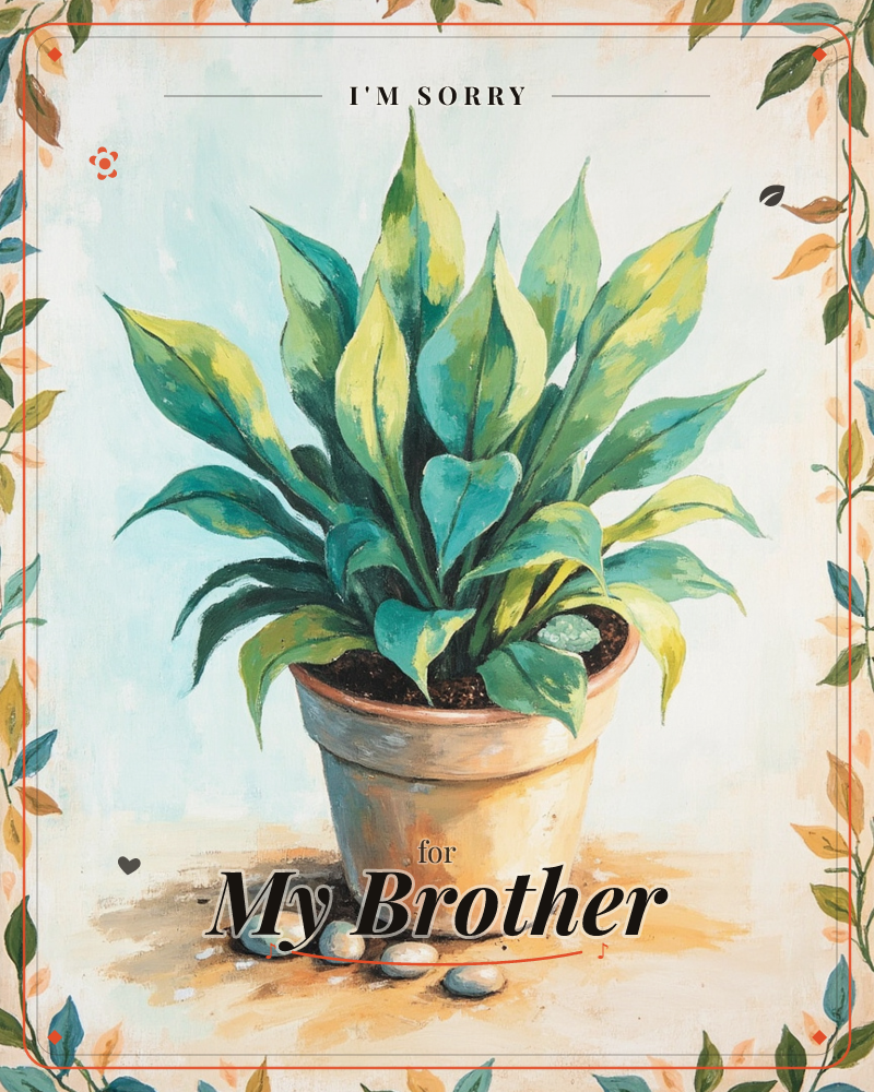 A terracotta pot holds a lush, variegated houseplant with long green and yellow-streaked leaves fanning outward, set against a soft pale-blue background, a sorry e-card design