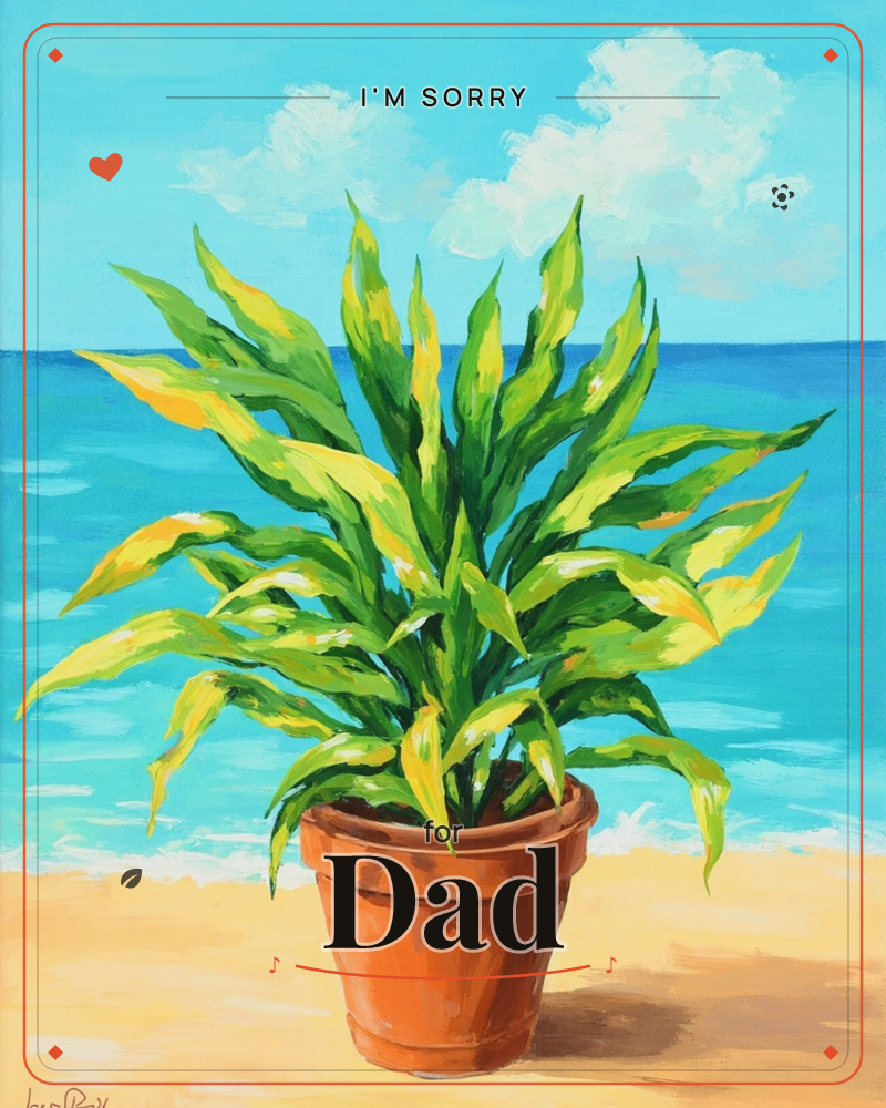A terracotta pot holding a spiky green and yellow leafed plant sits on a sandy beach, with turquoise waves and a bright blue sky dotted with soft white…, a sorry e-card design