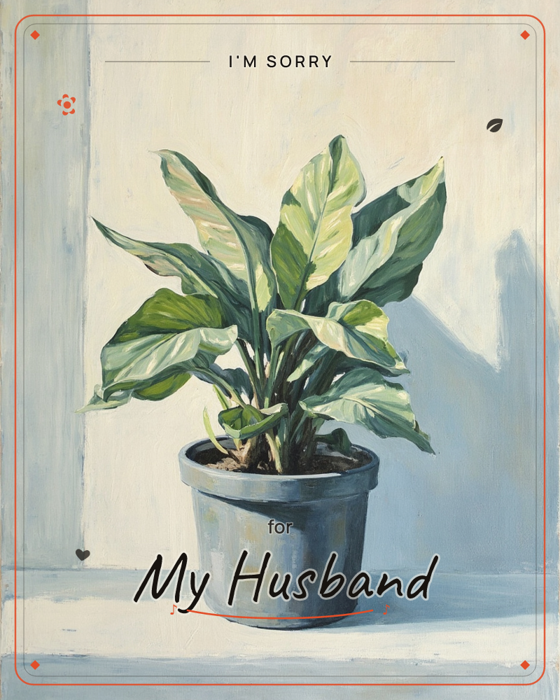 A potted houseplant with broad, variegated green and cream leaves sits on a pale windowsill, sunlight casting a long soft shadow across the wall behind it, a sorry e-card design