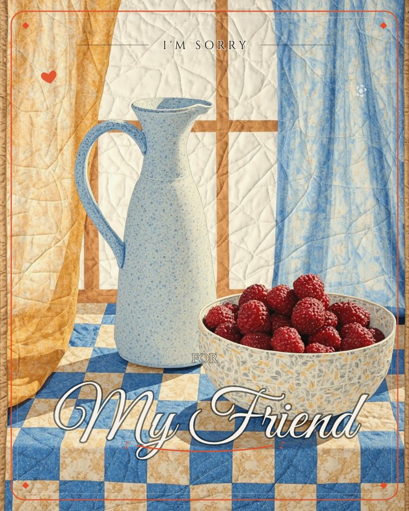 A still life rendered like quilted fabric shows a speckled ceramic pitcher beside a bowl heaped with raspberries, set on a blue-and-cream checkered…, a sorry e-card design