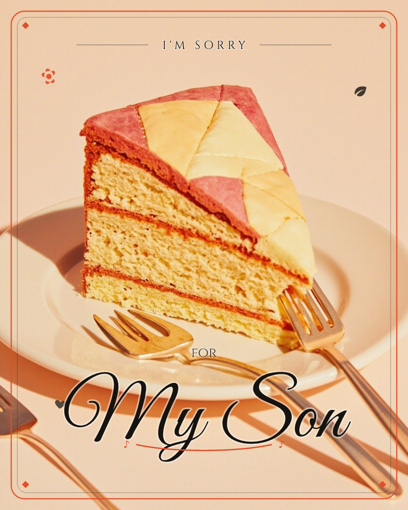 A single slice of layered sponge cake sits on a white plate, its top iced in a checkerboard pattern of pink and cream triangles, a sorry e-card design