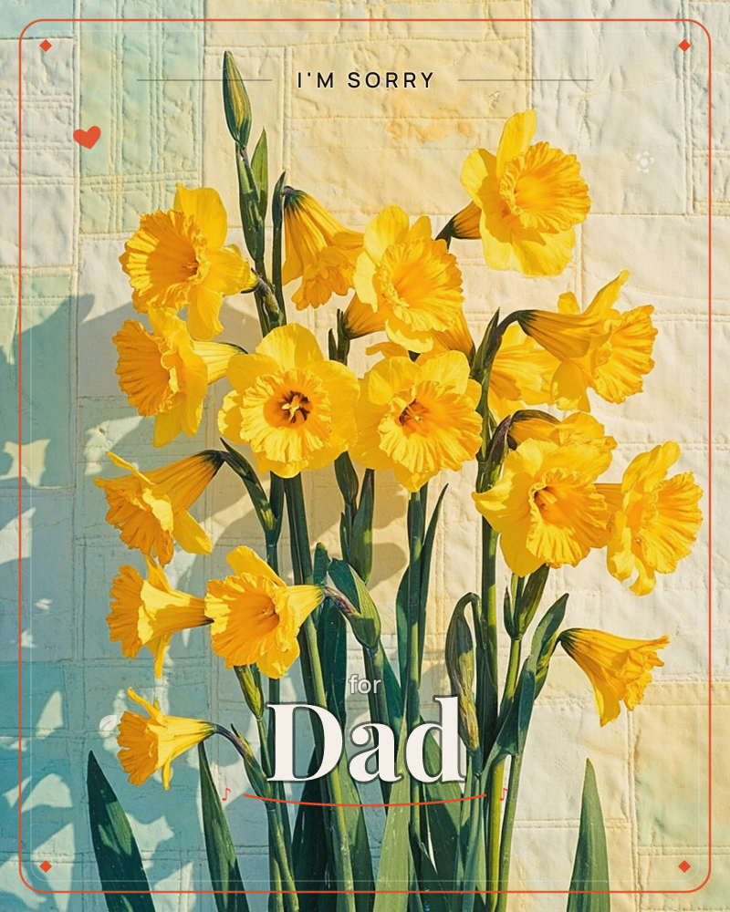 A tall bunch of daffodils stands in bright sunlight against a patchwork quilt-like backdrop of pale yellow and soft blue squares, a sorry e-card design
