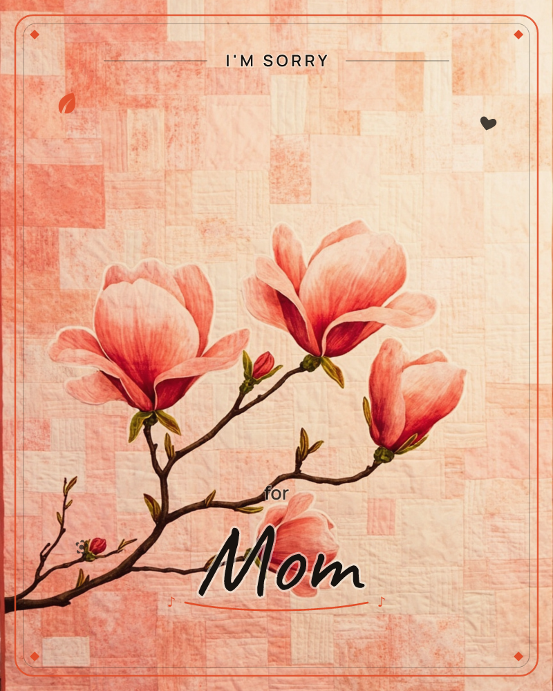 A blooming magnolia branch stretches across a patchwork of soft coral and cream squares, its open blossoms rendered in layered pink petals with deep…, a sorry e-card design