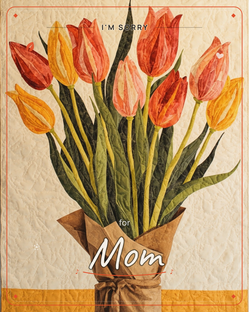 A quilted textile artwork shows a bouquet of red, orange, and yellow tulips wrapped in brown paper, their stems tied together and standing tall against…, a sorry e-card design