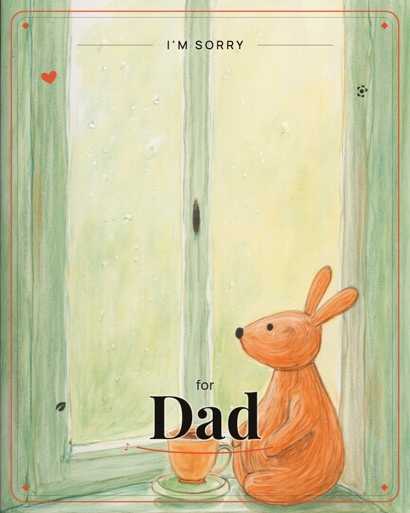 An orange rabbit sits on a windowsill beside a green-framed window, gazing out at a pale yellow-green sky dotted with falling snow or rain, a sorry e-card design