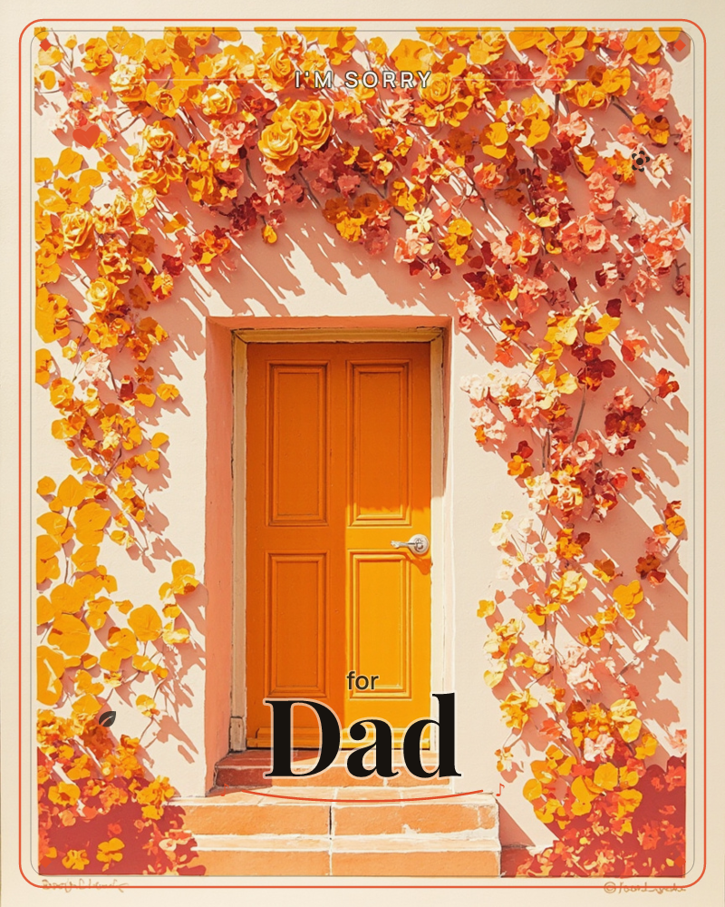 A bright orange panelled door sits framed by a cascade of autumn flowers and leaves climbing over the pale pink stucco wall above it, a sorry e-card design