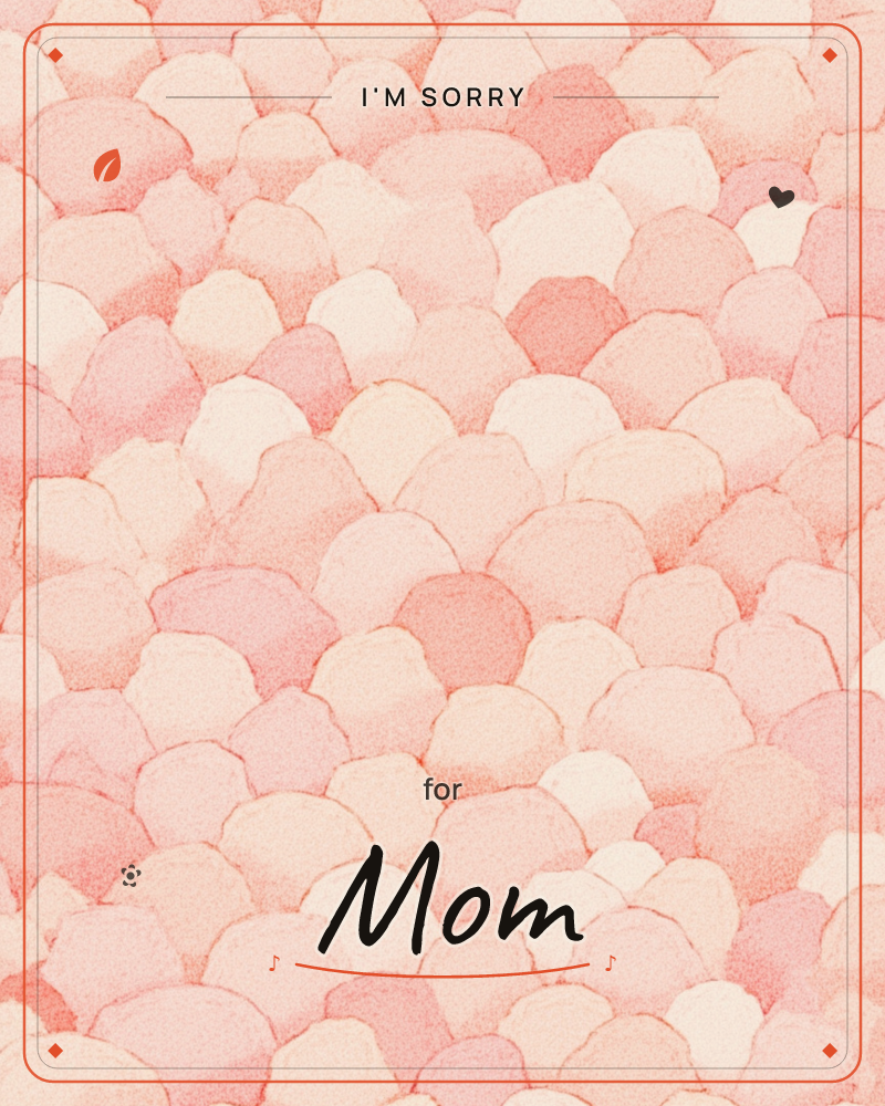 A dense, all-over pattern of soft rounded pebble-like shapes in varying shades of pink and cream, packed edge to edge like scales or river stones, a sorry e-card design