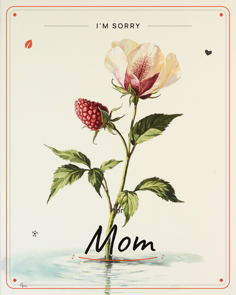 A single stem rises from a small pool of water, carrying one open cream-and-pink flower with a red-speckled centre alongside a ripe raspberry framed by…, a sorry e-card design