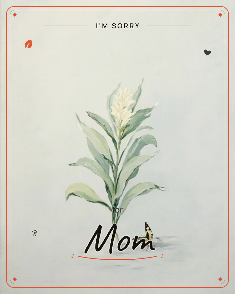 A single leafy stem with a spike of small cream-white flowers stands alone against a soft pale blue-grey background, its sage green leaves curling…, a sorry e-card design