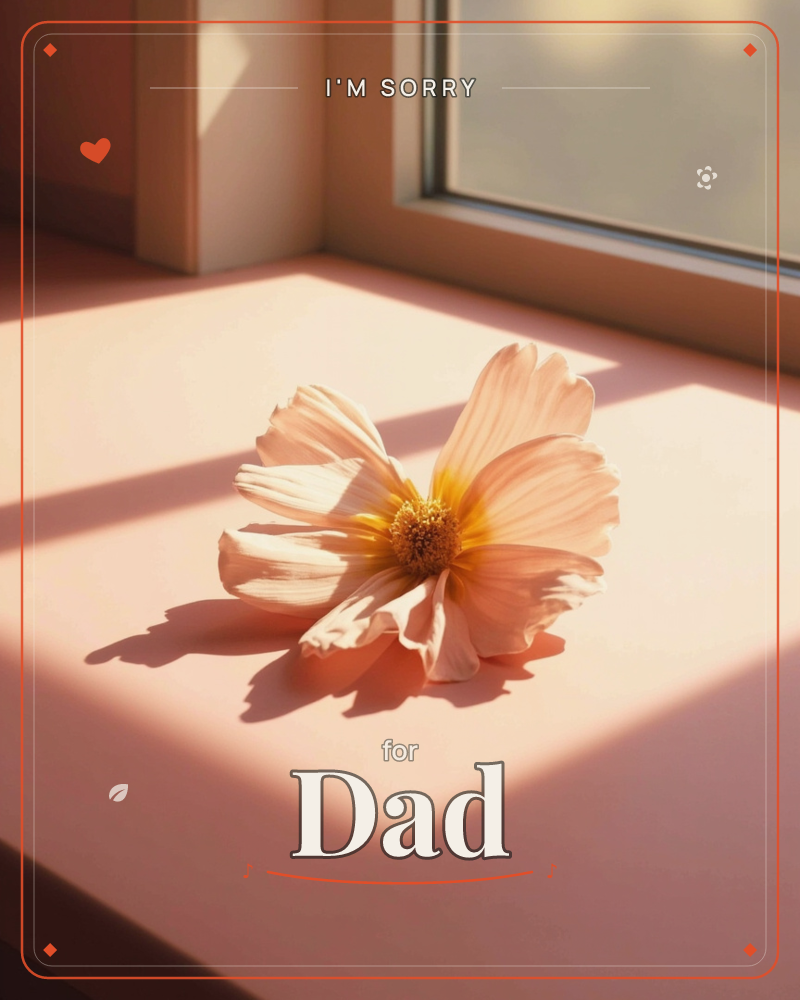 A single pale pink cosmos flower lies on its side on a blush-coloured windowsill, its petals softly translucent where sunlight passes through them, a sorry e-card design