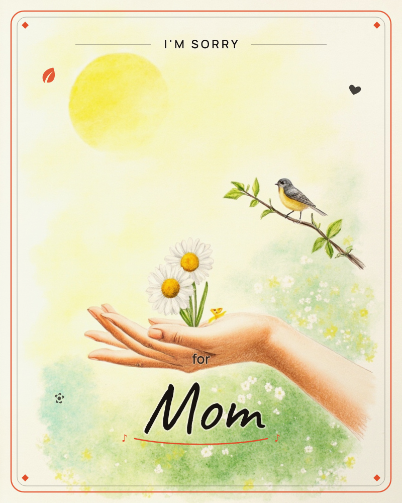 An open hand rests palm-up, cradling two white daisies and a tiny yellow butterfly, while a small bird perches on a leafy branch just beside it, a sorry e-card design