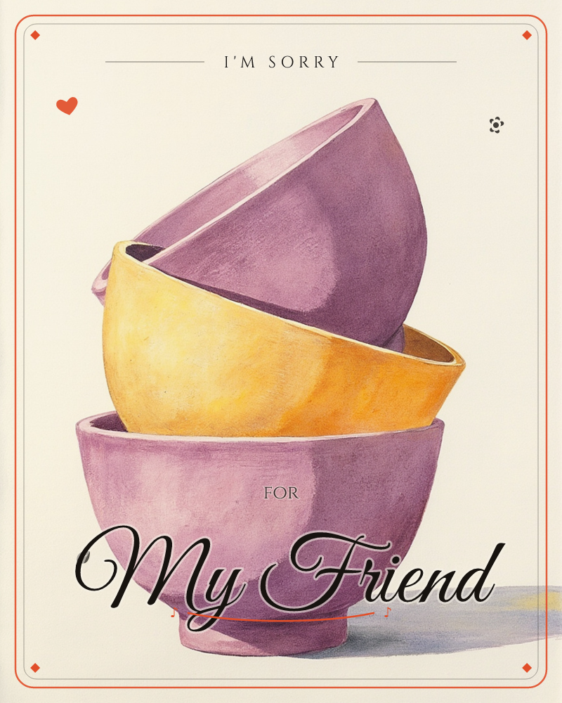 Three ceramic bowls are stacked at a slight tilt against a plain cream background, a mauve bowl on the bottom, a golden yellow one wedged in the…, a sorry e-card design