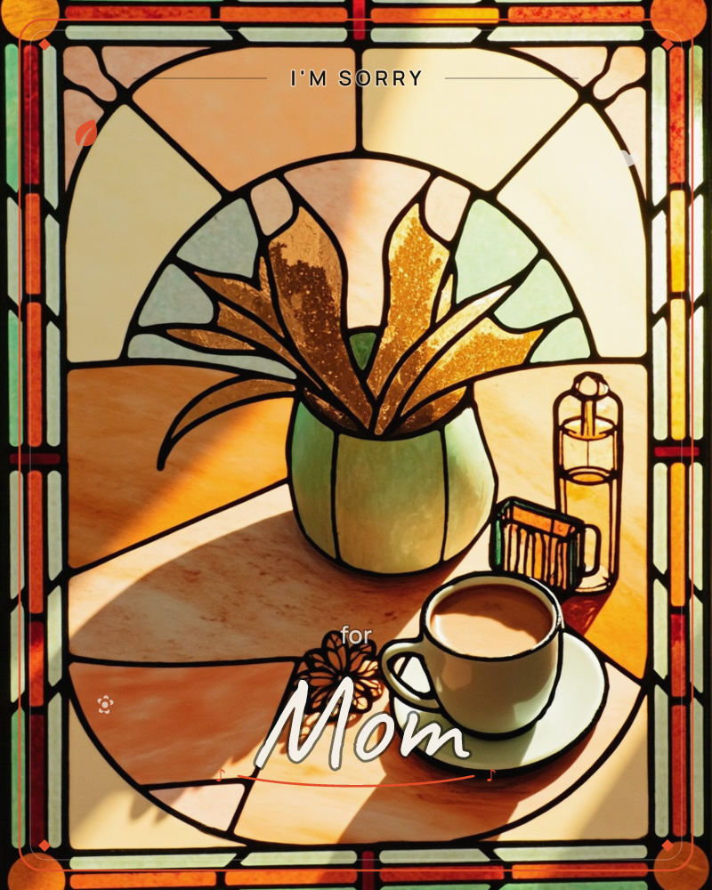 A stained-glass style still life glows in warm morning light, showing a potted plant with golden speckled leaves beside a cup of coffee on its saucer, a sorry e-card design