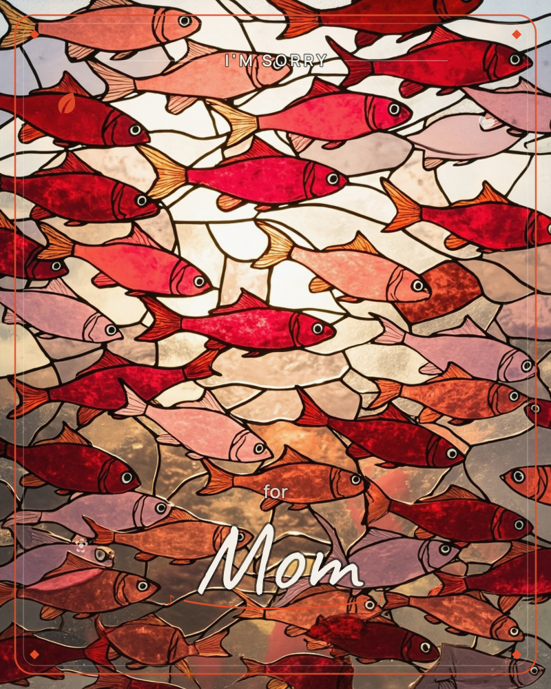 A stained-glass style illustration shows a dense school of red and pink fish swimming together, their bodies overlapping in a mosaic of black leaded lines, a sorry e-card design