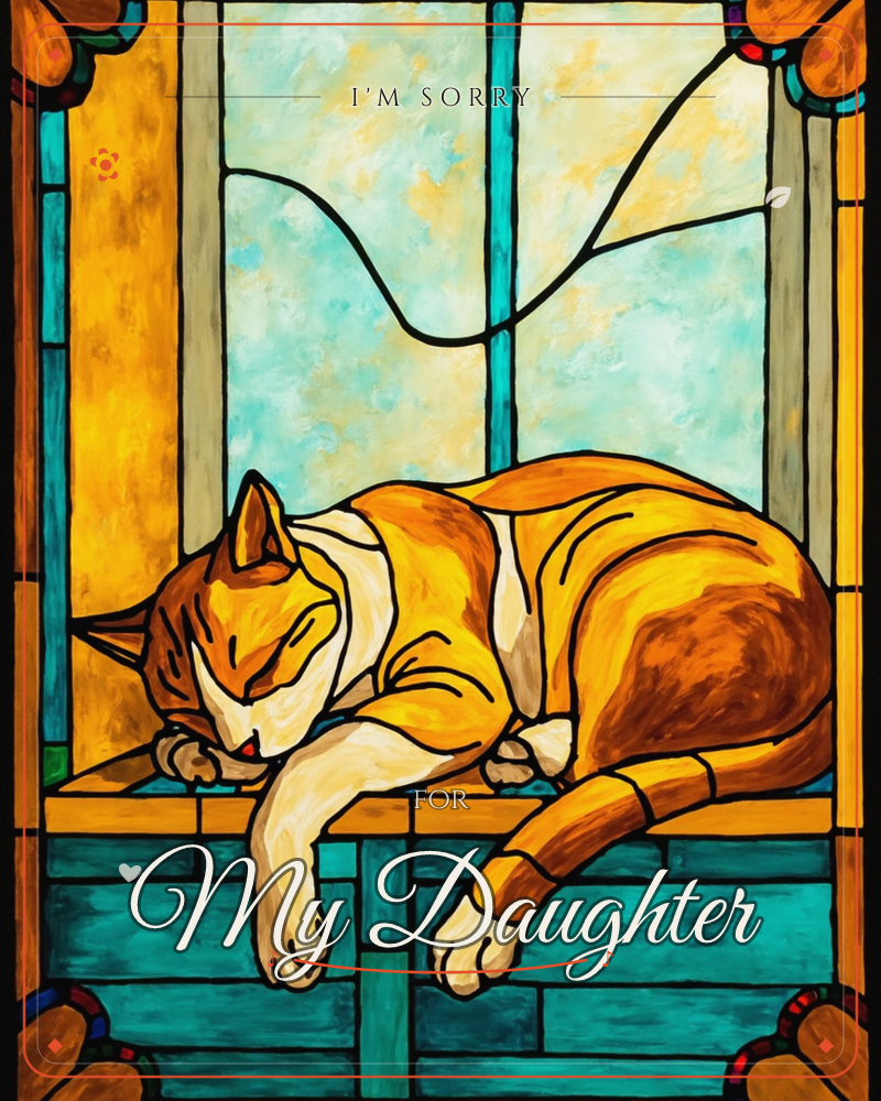 An orange and white cat lies curled up asleep on a windowsill, painted in the bold outlined style of stained glass, a sorry e-card design
