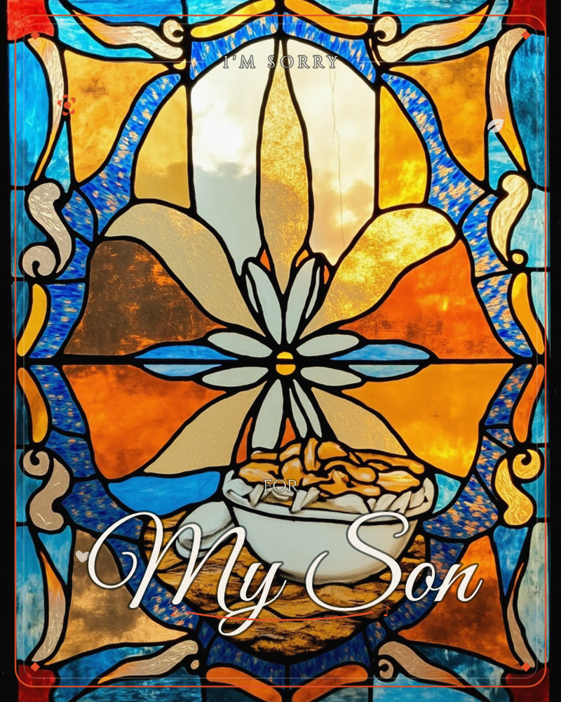 A stained-glass style illustration glows with amber and cobalt light, framed by curling ribbon shapes and symmetrical rays, a sorry e-card design