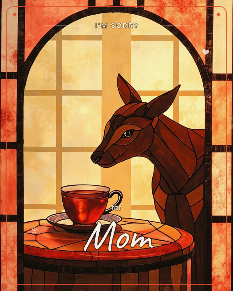 A stained-glass style illustration shows a deer standing beside a small round table, gazing down at a red teacup and saucer set upon it, a sorry e-card design