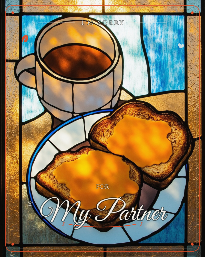 A stained-glass style panel shows a mug of dark coffee beside a white plate holding two slices of toast spread with golden butter or marmalade, a sorry e-card design