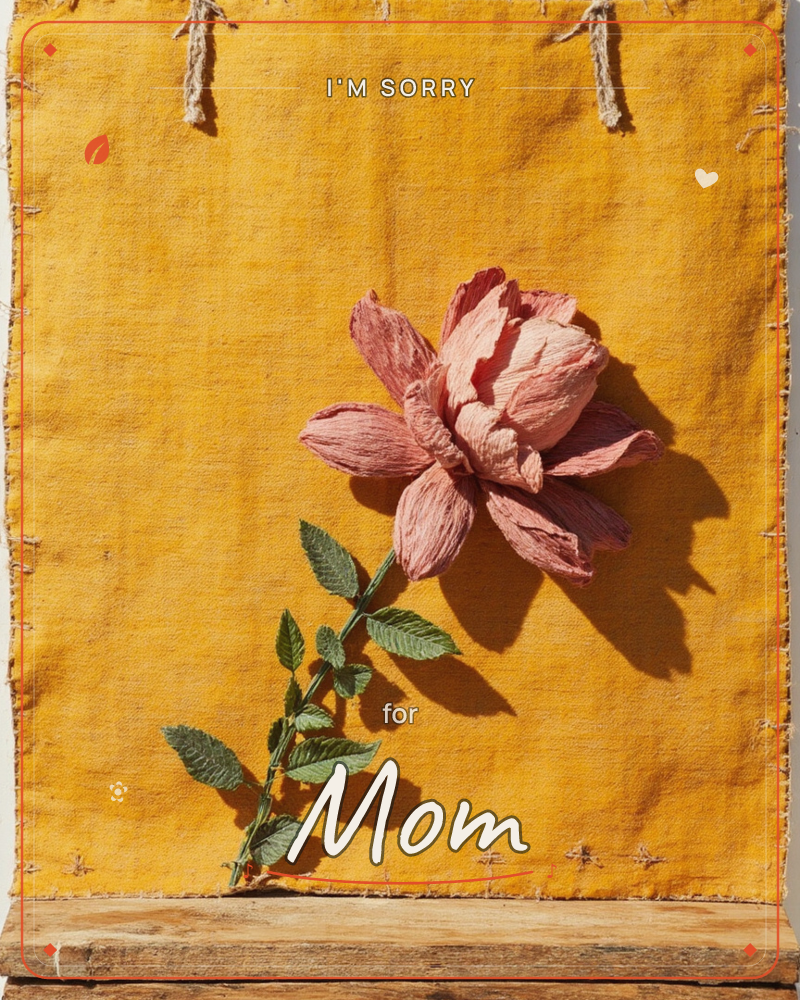 A single crepe-paper rose in dusty pink rests against a mustard-yellow linen backdrop, its stitched edges frayed and hung with loose twine, a sorry e-card design