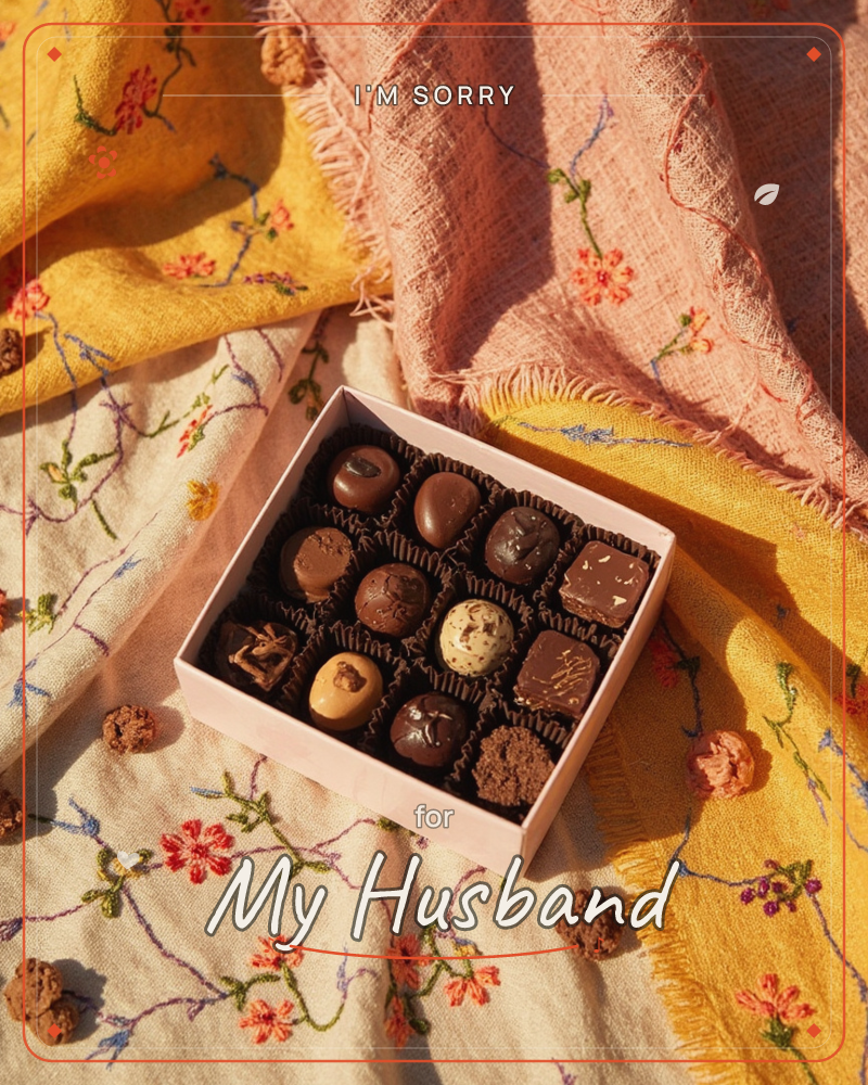 A pale pink box of assorted chocolate truffles sits open on a pile of embroidered linen cloths in mustard yellow, dusty rose and cream, each stitched…, a sorry e-card design