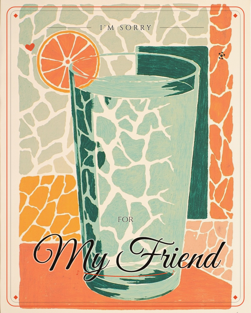 A tall glass of iced water sits front and centre, sliced through with cracked-mosaic textures in seafoam and teal, an orange wheel perched on its rim, a sorry e-card design