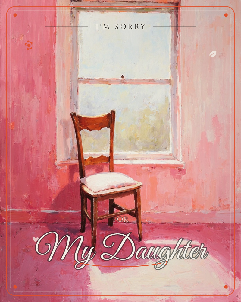 A wooden chair with a pale cushion sits alone in a pink room, catching a bright wash of sunlight from a tall window, a sorry e-card design