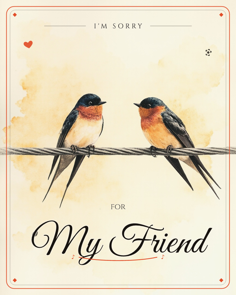 Two swallows perch face to face on a twisted wire, their forked tails dropping down against a warm, cloudy wash of golden ochre, a sorry e-card design