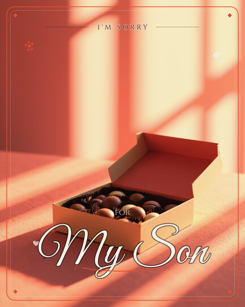 An open box of chocolates sits on a warm terracotta surface, its lid tilted back to reveal rows of truffles nestled in paper cups, a sorry e-card design