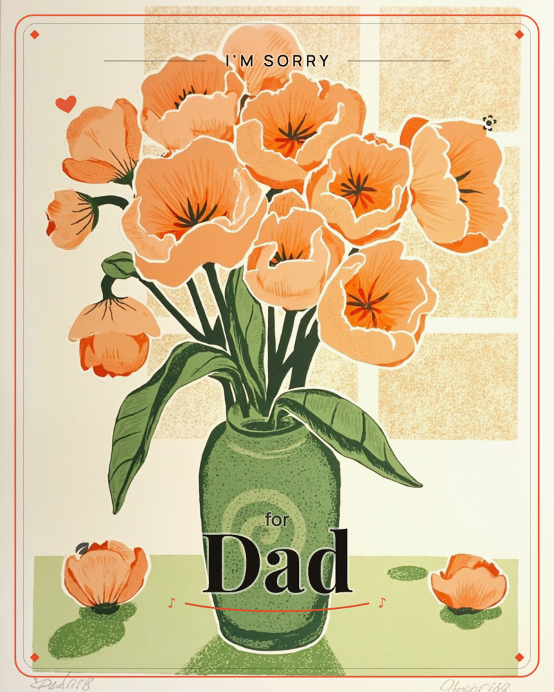 A green vase with a spiral pattern holds a bold bunch of orange poppies, their petals unfurled against a mottled gold windowpane backdrop, a sorry e-card design