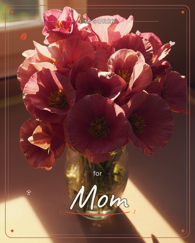A glass vase of deep-pink poppies sits on a windowsill, their thin petals glowing where late afternoon sun cuts through them, a sorry e-card design