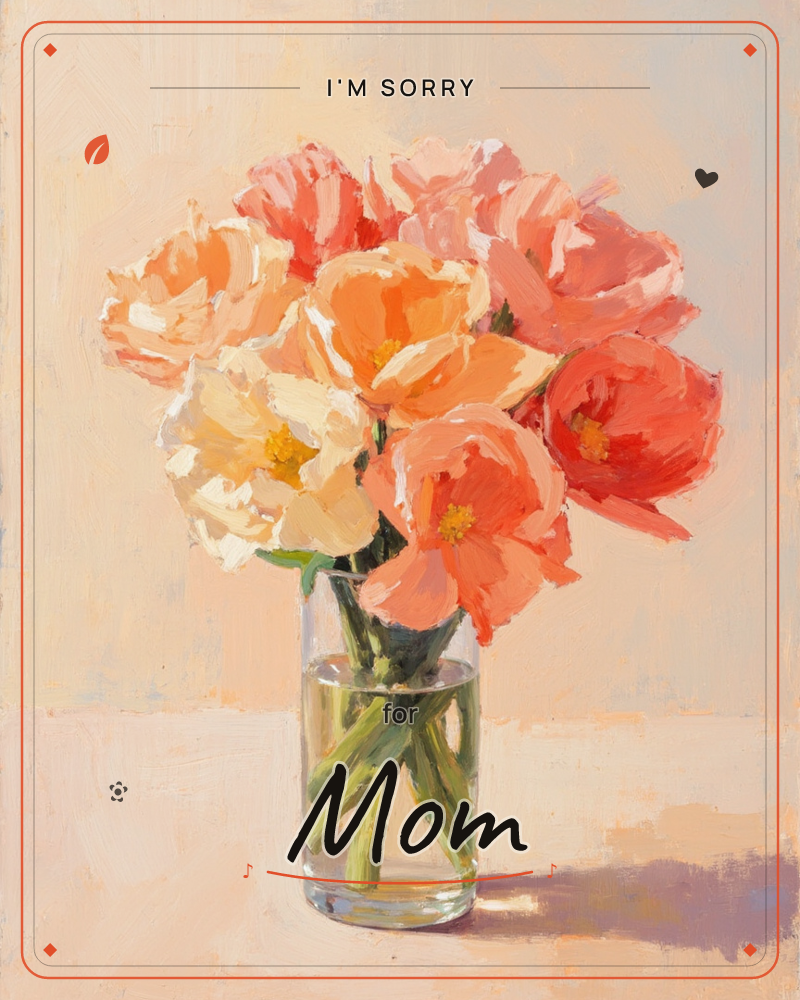 A loose bouquet of poppies and roses in shades of peach, coral and cream sits in a glass jar of water, painted with bold, visible brushstrokes against…, a sorry e-card design