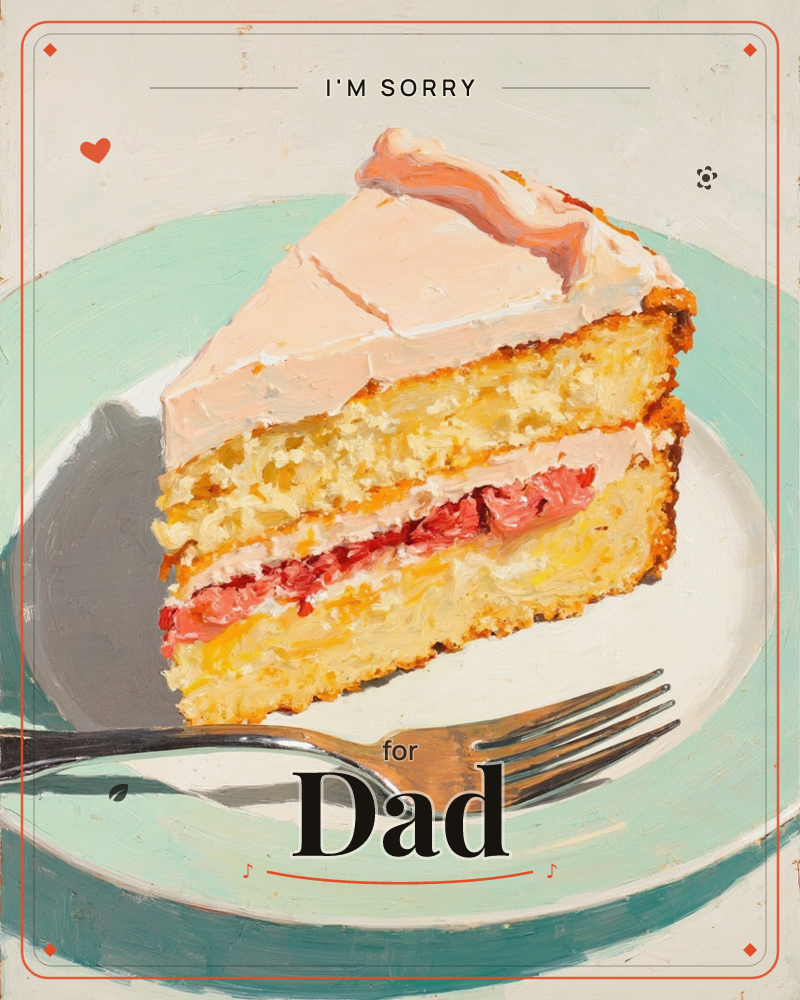 A thick wedge of yellow layer cake sits on a mint-green plate, its pale pink frosting swooping over two layers filled with bright strawberry jam, a sorry e-card design