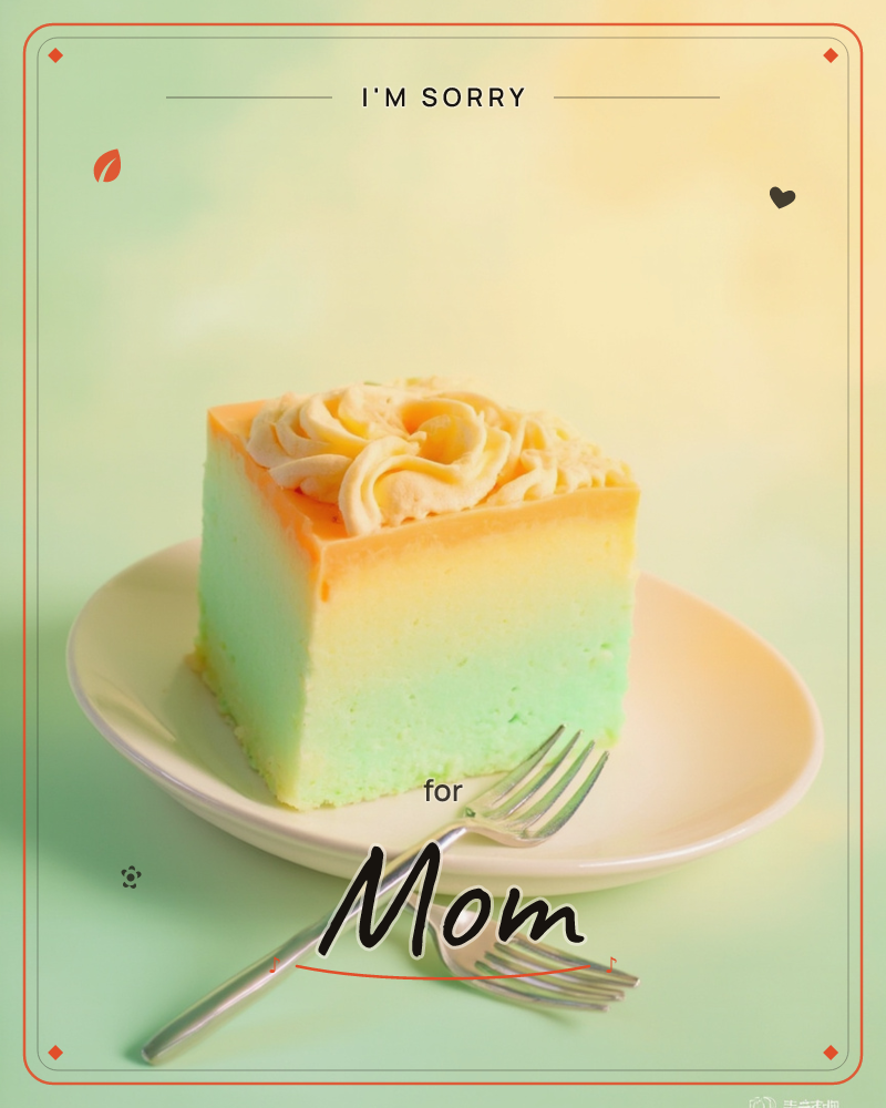 A single square slice of ombré cake sits on a cream plate with a fork resting beside it, the sponge fading from soft green at the base through pale…, a sorry e-card design