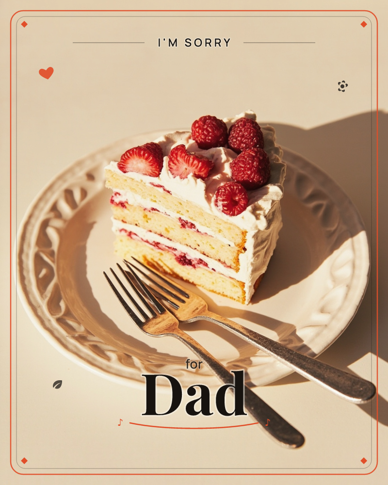 A single slice of layered sponge cake sits on an ornate cream plate, filled with jam and whipped cream and topped with fresh strawberries and raspberries, a sorry e-card design