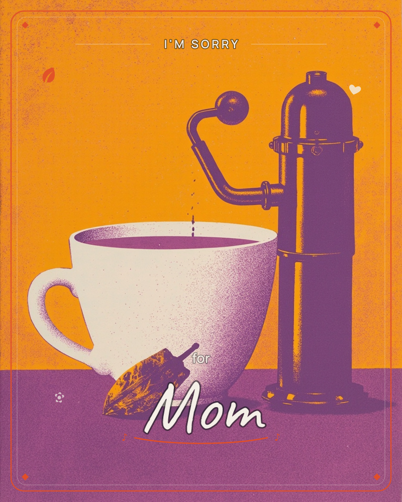 A tall vintage water pump stands beside a white teacup, a single drop falling from its spout into the drink below, a sorry e-card design