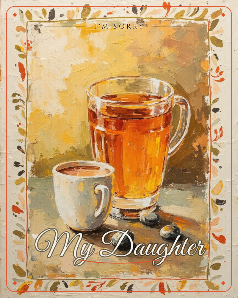 A still life painting shows a glass mug of amber tea beside a small white cup of coffee, with a few dark stones scattered on the tabletop between them, a sorry e-card design