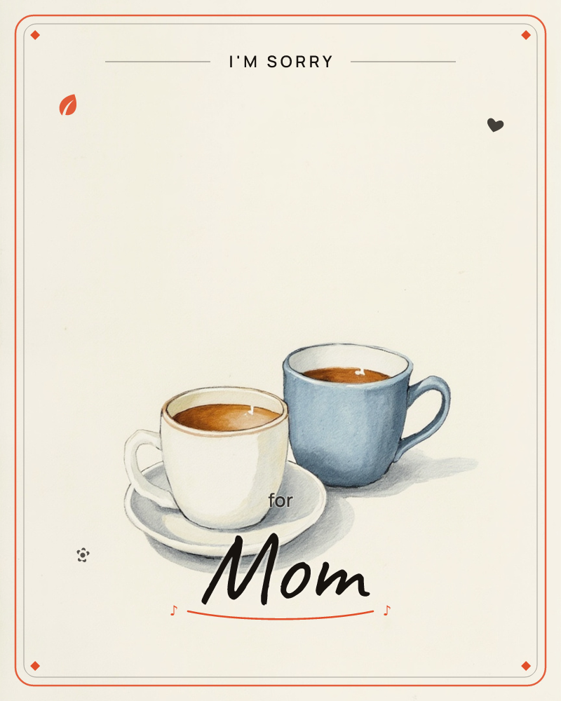 Two cups of coffee sit side by side on a plain cream background, a white cup and saucer paired with a taller blue mug, both filled to the brim with…, a sorry e-card design