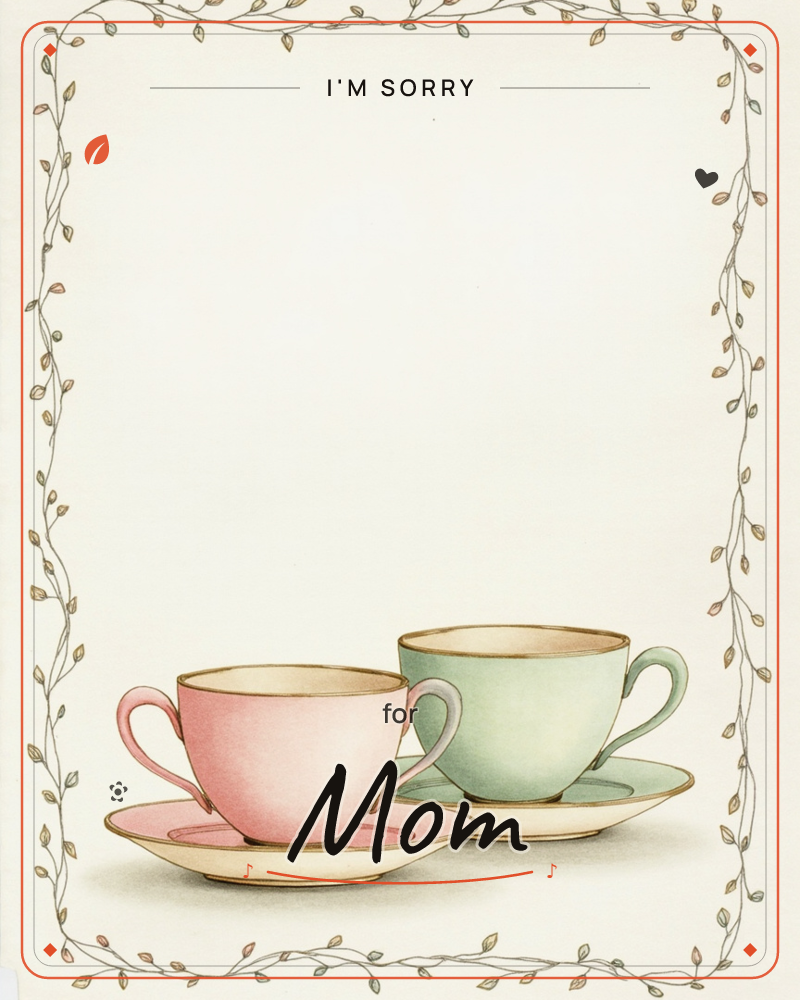 Two teacups sit side by side on their saucers, one dusty pink and one soft sage green, each rimmed in gold and leaning gently toward each other, a sorry e-card design