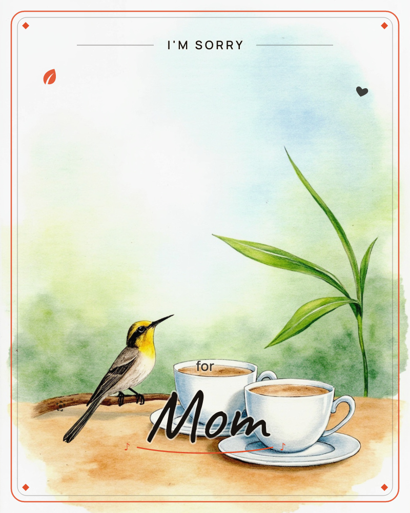 A small yellow-throated songbird perches on a bare branch beside two white teacups filled with milky tea, set on saucers atop a warm tan tabletop, a sorry e-card design