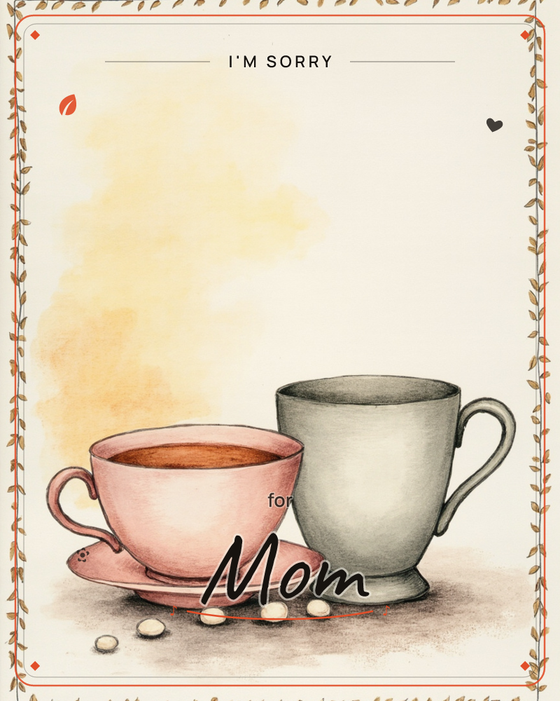 A pink teacup on its saucer sits beside a taller sage-green mug, both filled with dark tea against a soft golden watercolour cloud that suggests rising…, a sorry e-card design