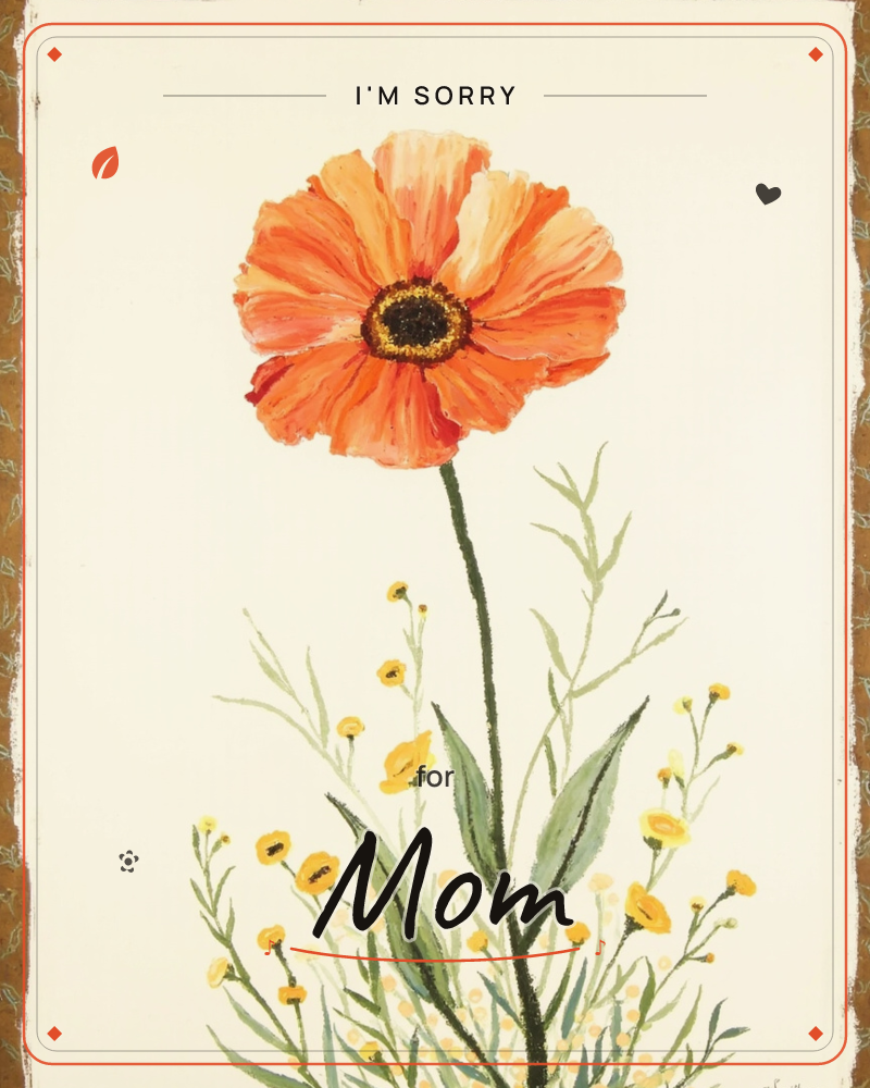 A single orange poppy stands tall on a slender green stem against a plain cream background, its petals painted in loose layered strokes around a dark…, a sorry e-card design