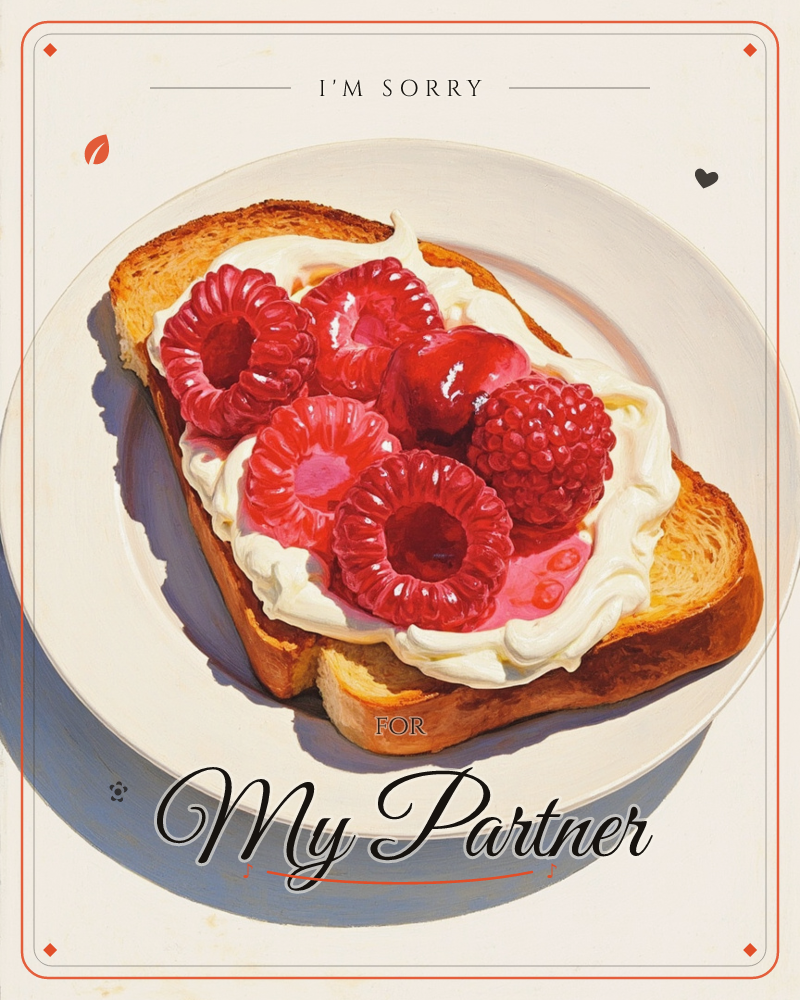 A slice of golden toast piled with thick cream and glossy raspberries sits on a plain white plate, photographed from directly above in bright, hard…, a sorry e-card design