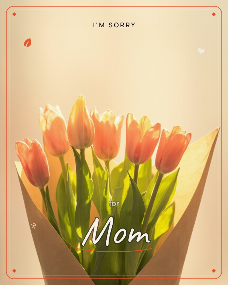 A bouquet of peachy-orange tulips wrapped in kraft paper glows against a soft, sunlit backdrop of warm cream and blush tones, a sorry e-card design
