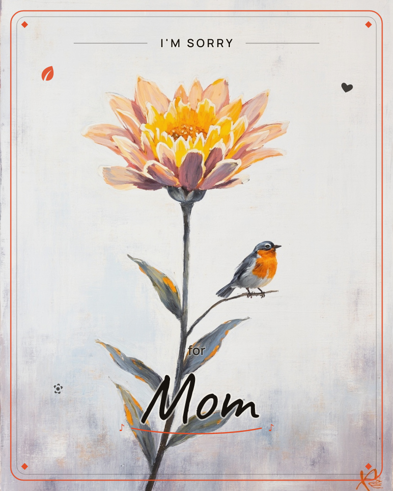 A single tall flower with peach and coral petals rises against a soft grey-white background, its stem lined with muted blue-grey leaves touched with…, a sorry e-card design