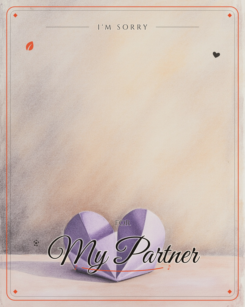 A single origami heart, folded from purple paper, sits alone on a plain tabletop against a softly clouded warm beige backdrop, a sorry e-card design