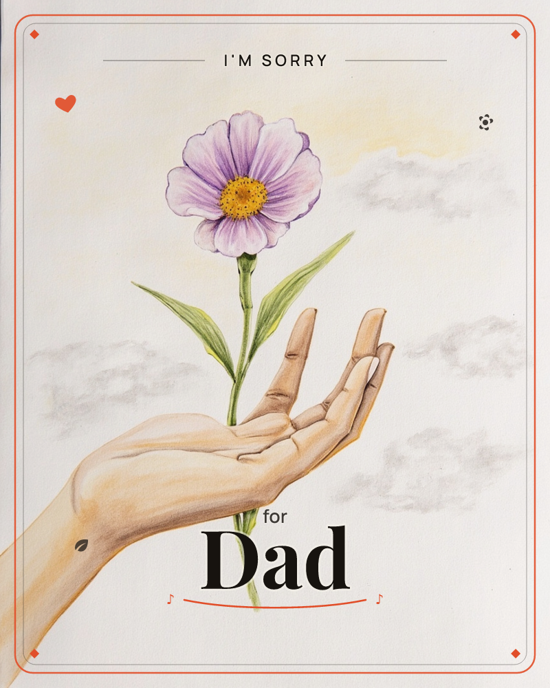 An open hand rises from the lower edge of the page, cradling the stem of a single purple cosmos flower against a pale sky brushed with soft grey clouds…, a sorry e-card design