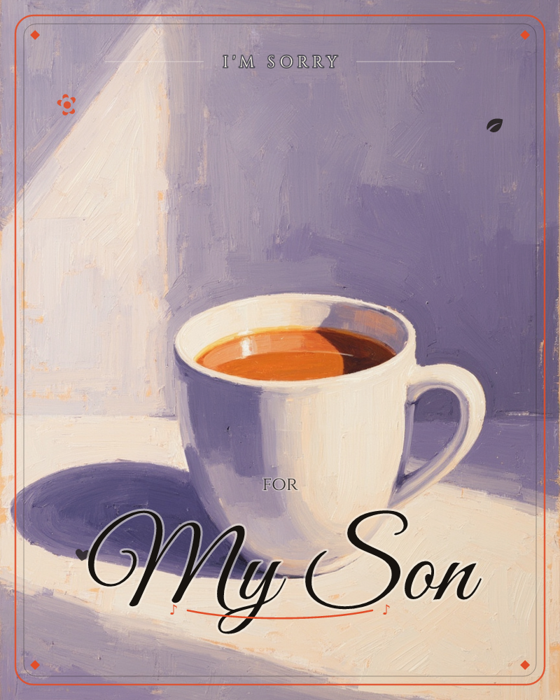 A white ceramic mug filled with dark tea or coffee sits on a pale windowsill, catching a sharp triangle of morning sunlight against a lavender-grey wall, a sorry e-card design