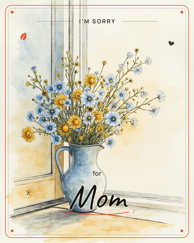 A pale blue ceramic pitcher holds a loose bouquet of blue and yellow wildflowers, set in the corner of a sunlit room beside a window, a sorry e-card design