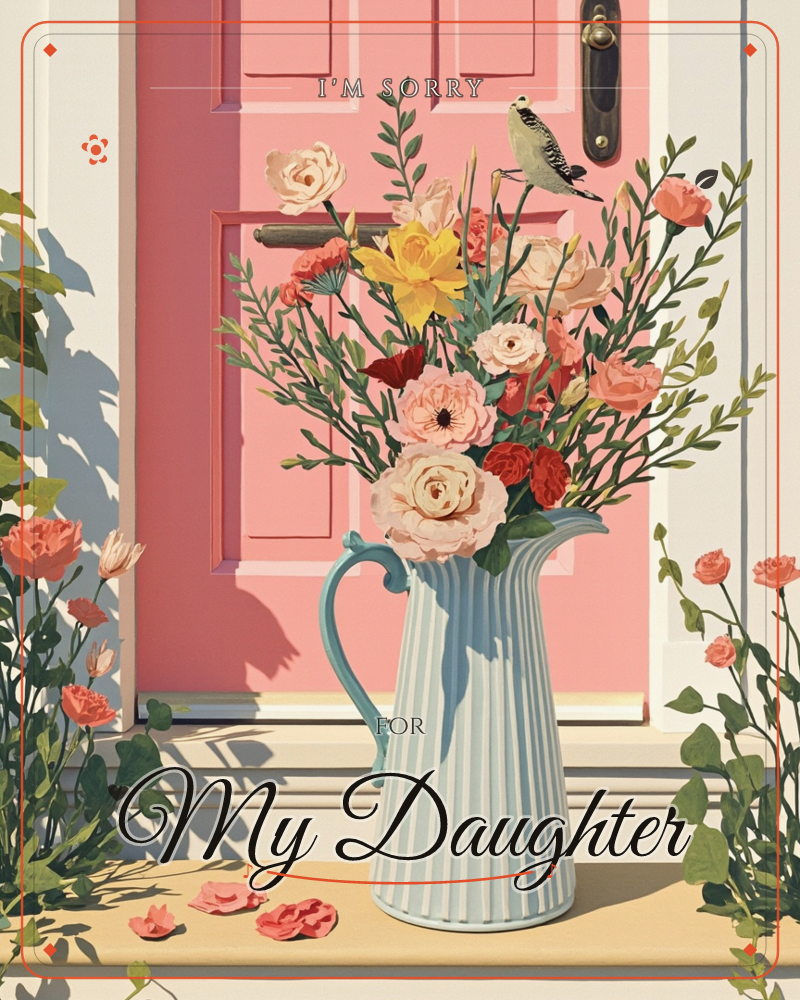 A pale blue ribbed pitcher overflows with roses, ranunculus, and sprigs of greenery, set on a sunlit doorstep before a pink paneled door, a sorry e-card design