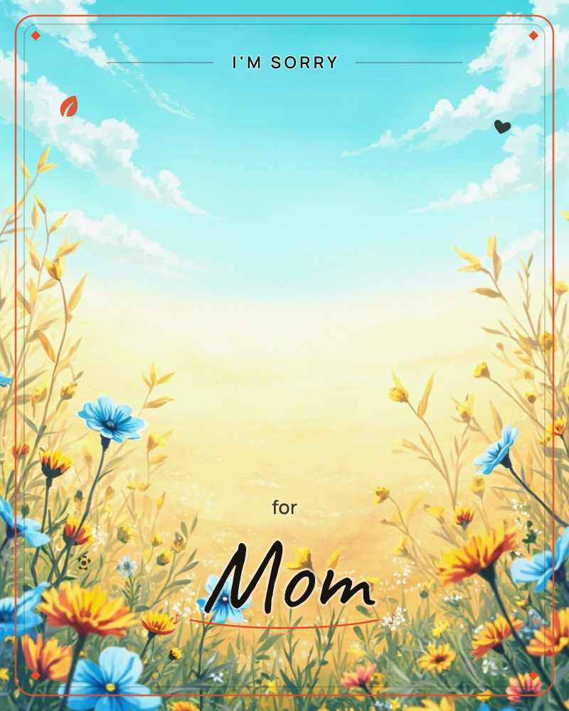 A sun-warmed meadow bursts with blue cornflowers and orange marigolds along the lower edges, framing an open golden field beneath a bright turquoise…, a sorry e-card design